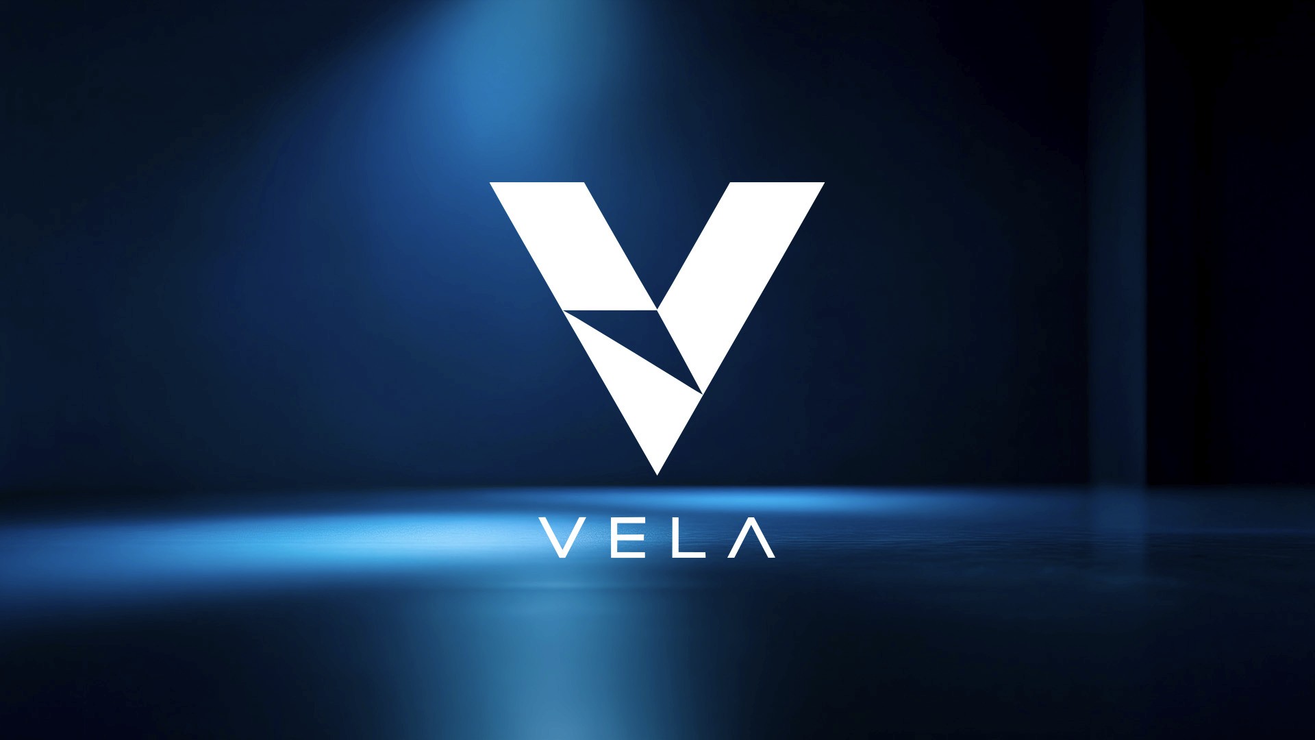 Vela fintech brand identity logo in AI-generated blue studio environment created with Adobe Firefly Generative Fill by Huw Mathias