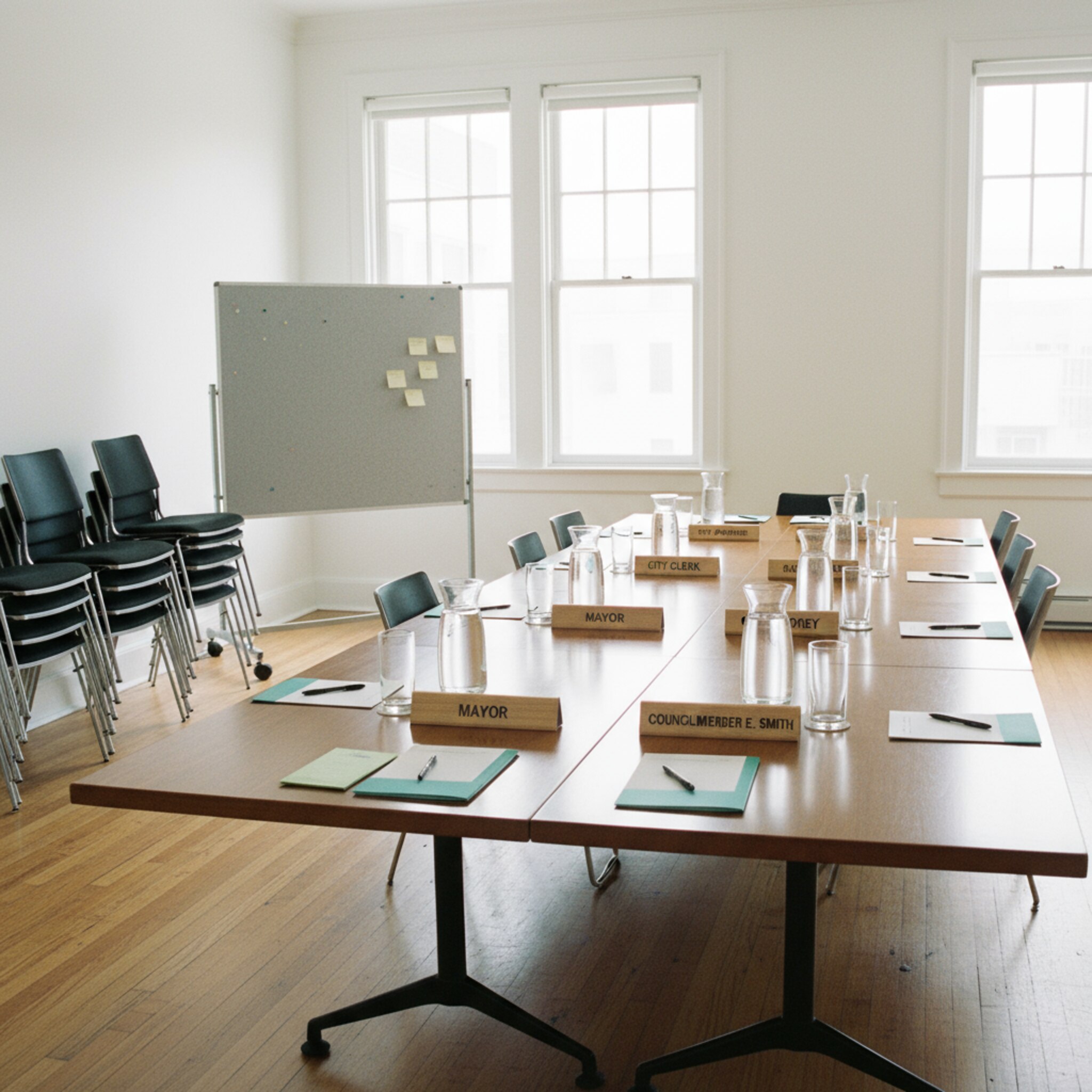 Ein heller Besprechungsraum mit langem Tisch ist für eine Sitzung vorbereitet. Namensschilder stehen vor jedem Platz, Wasser und Unterlagen sind geordnet. Entlang der Wand befinden sich Stapelstühle und eine mobile Pinnwand. Durch die großen Fenster fällt Licht auf den geölten Holzboden.