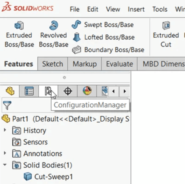 SolidWorks ConfigurationManager displaying a part configuration and its feature tree.