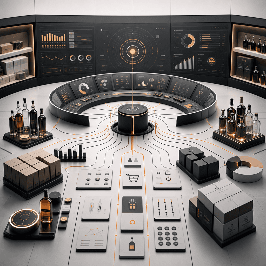 Lexir editorial visual showing market control as the connection between demand, channels, stock, data, and alcohol expansion decisions.