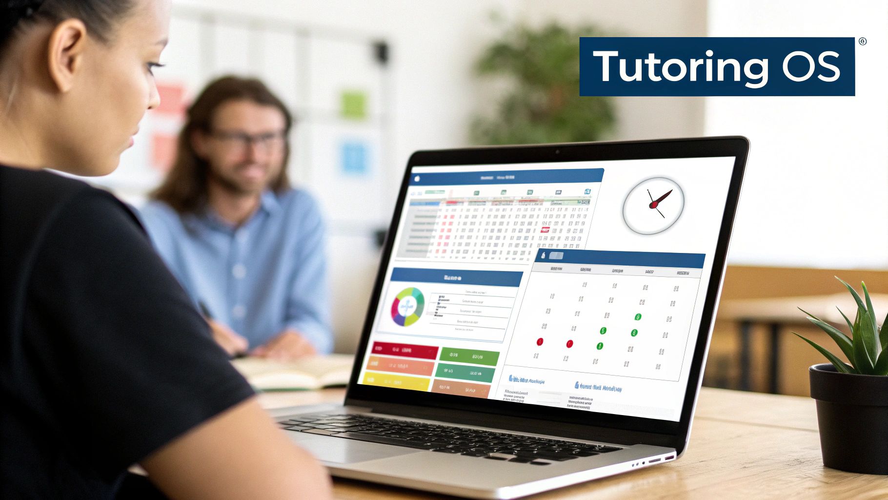 A woman reviews a tutoring management dashboard on a laptop with a man in the background.