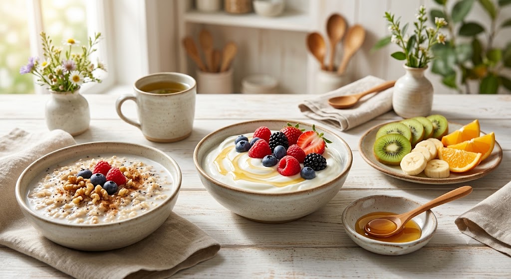 A healthy breakfast spread on a white wooden table, featuring a bowl of oatmeal with berries and walnuts, a bowl of Greek yogurt with mixed berries and honey, and a side plate of sliced kiwi, banana, and orange, illuminated by natural window light.