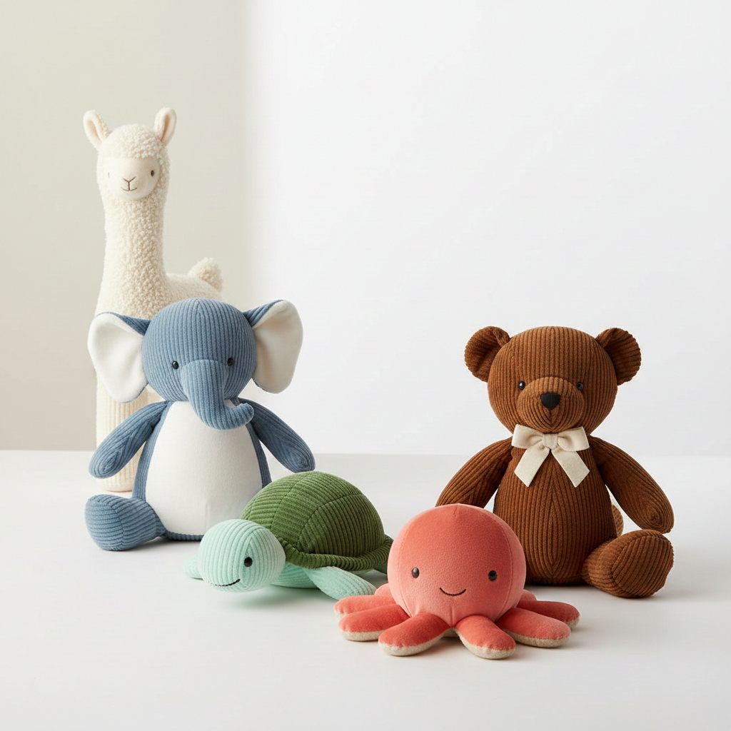 A set of five unique stuffed animal prototypes: a llama, elephant, bear, turtle, and octopus with special designs.