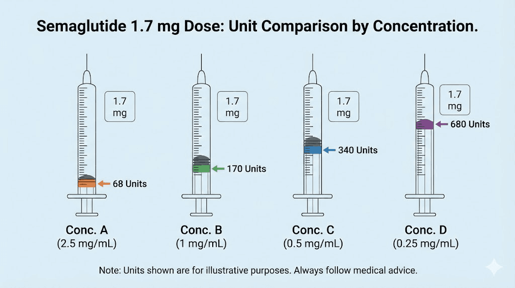 Comparing 1.7 mg semaglutide units across four different vial concentrations