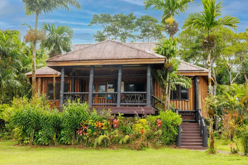 A rustic wooden bure with a verandah and steps, nestled among tropical plants and palm trees at Uprising Beach Resort.