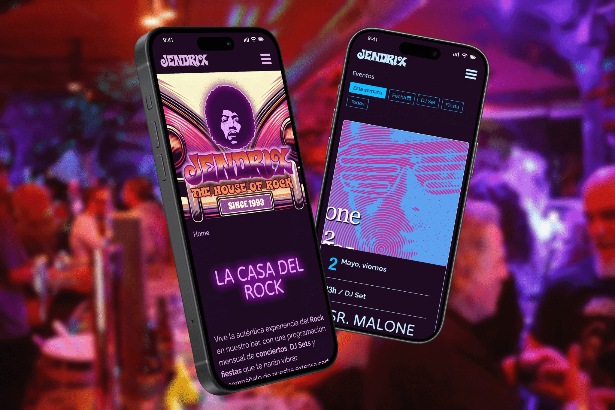 Mobile views presenting home page and events page view