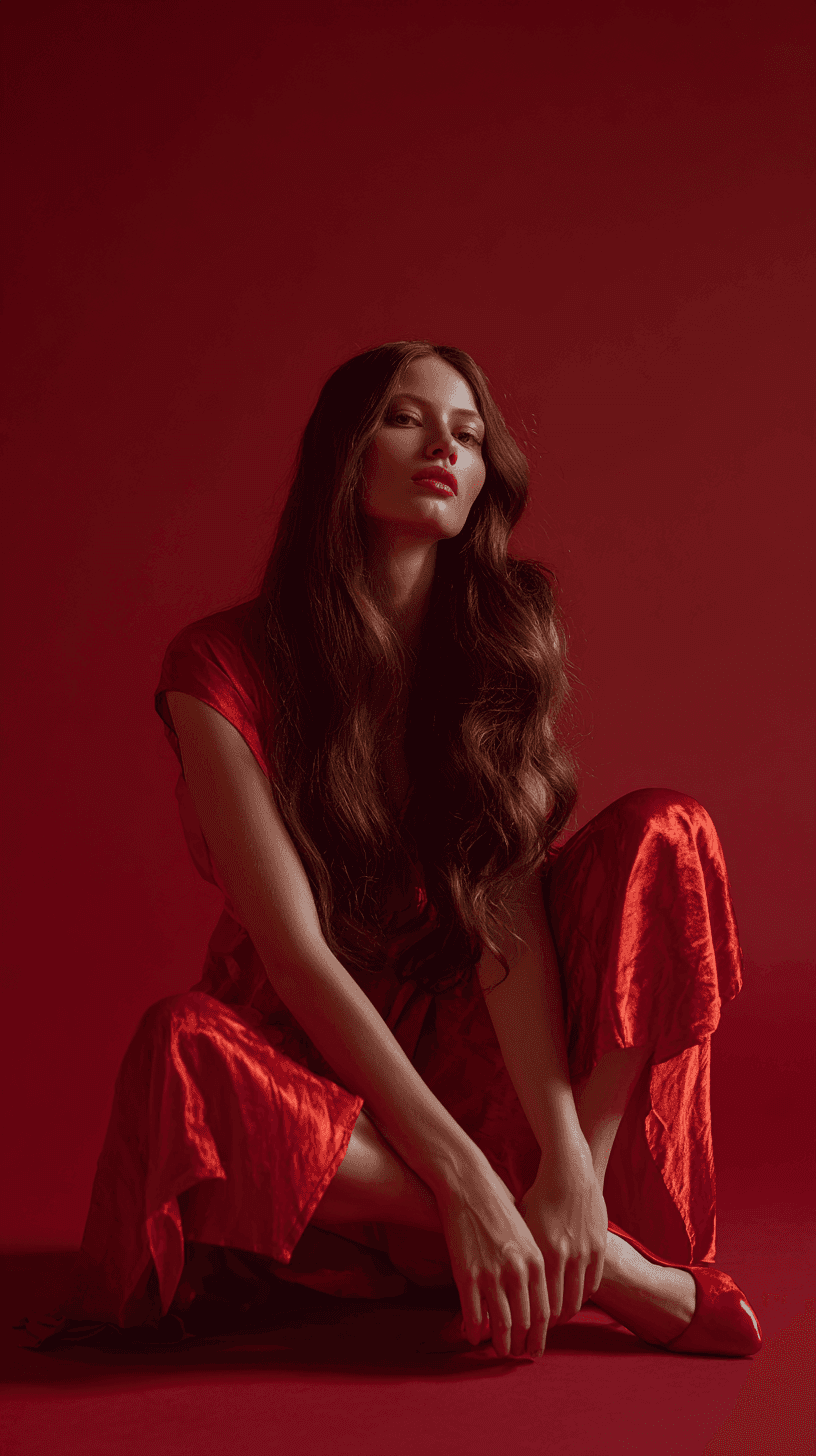 Model in red dress posing against crimson background