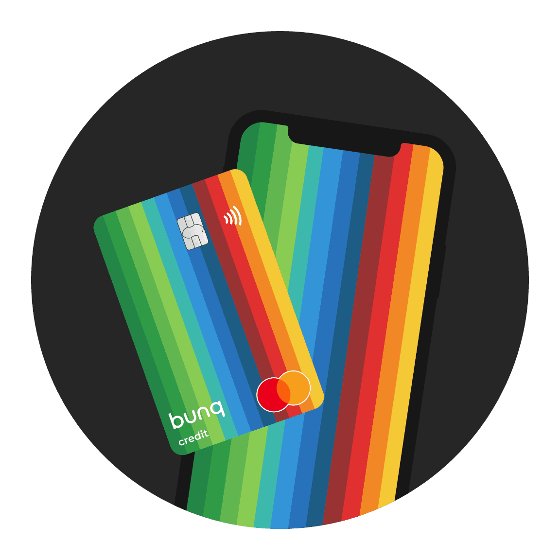 Twee handen die kleurrijke bunq-kaarten uitwisselen boven een smartphone.