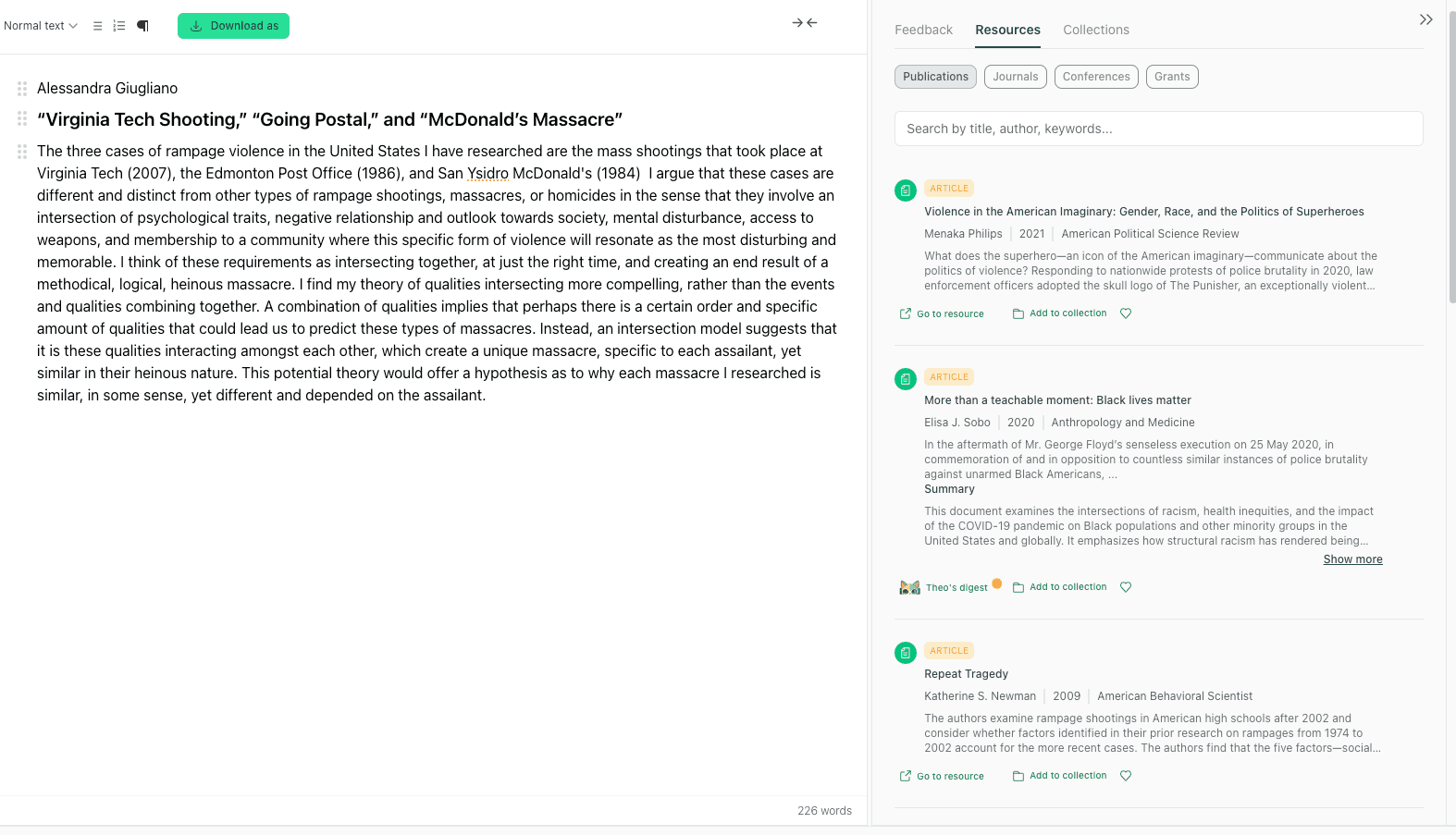 thesify Resources panel showing peer-reviewed source suggestions next to a manuscript, with venue, year, summary, and publisher links