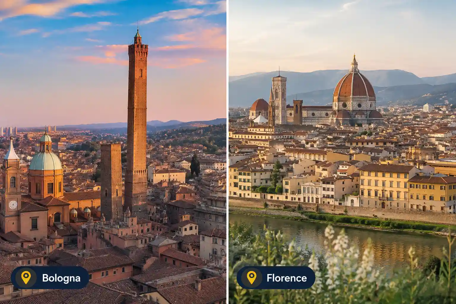Views of Bologna and Florence in Italy, two popular university cities for international students