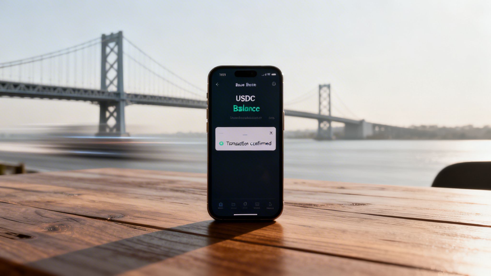 An iPhone on a wooden table displays a 'USDC Balance' app with a 'Transaction confirmed' message, against a bridge background.