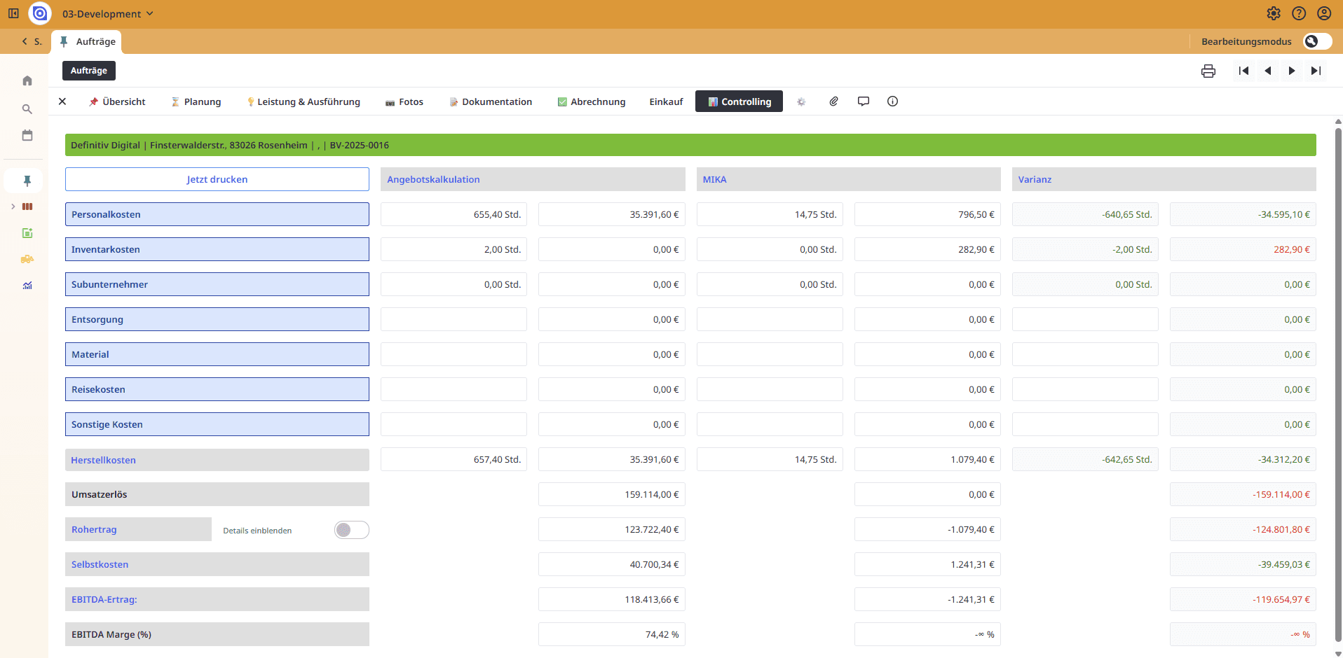 Screenshot der Nachkalkulation einer individuellen Handwerkersoftware
