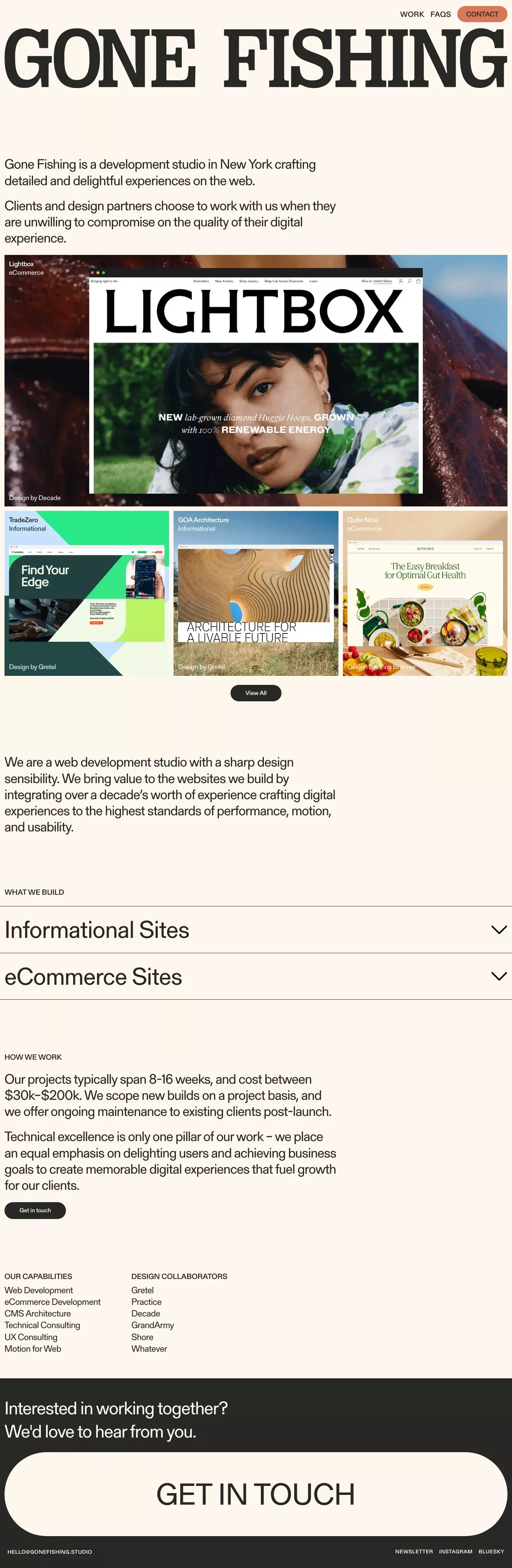 Gone Fishing Studio portfolio page screenshot showcasing Design and Ecommerce design