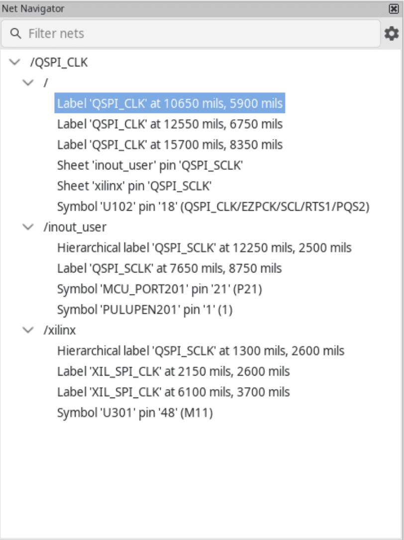 KiCad Net Navigator listing schematic nets and their connected items.