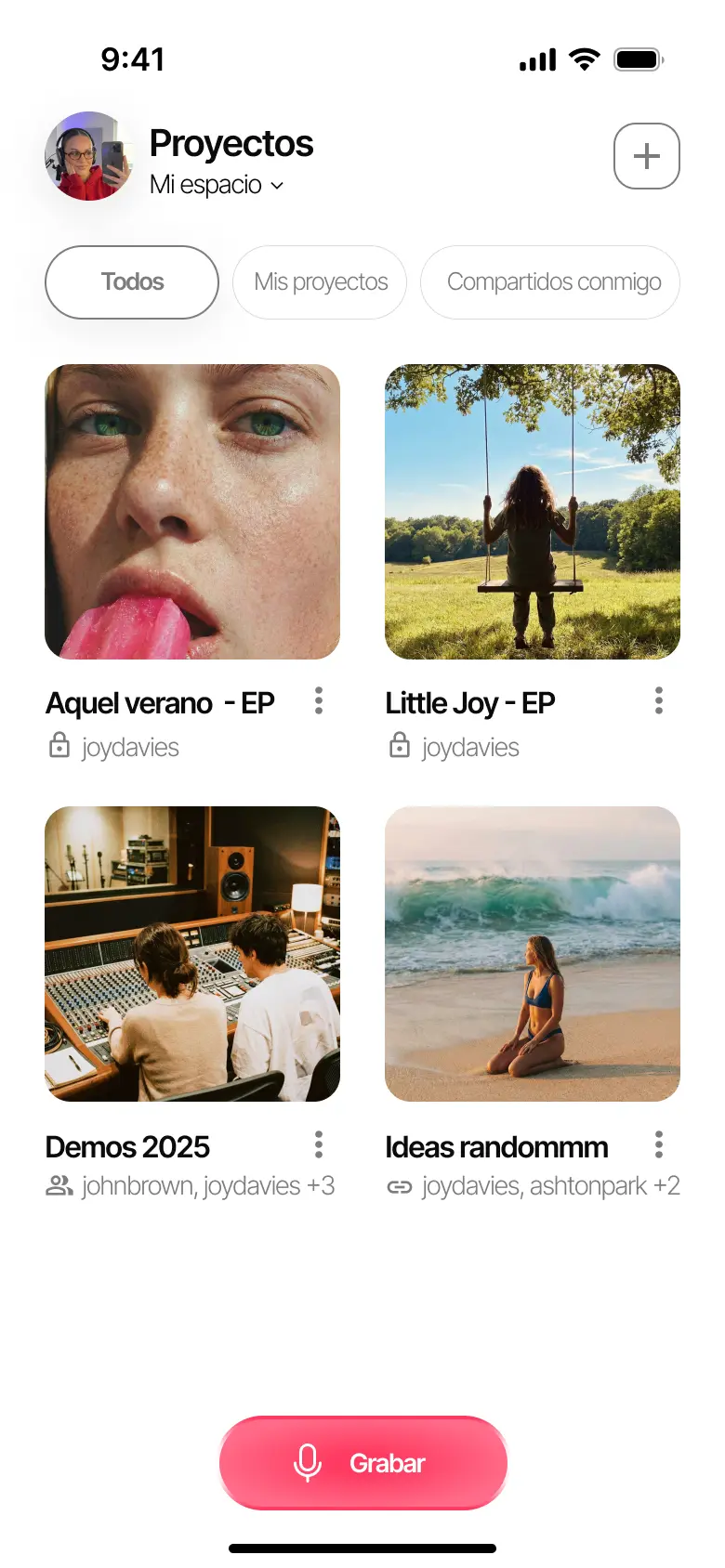 Pantalla principal de Zoundroom con proyectos musicales organizados