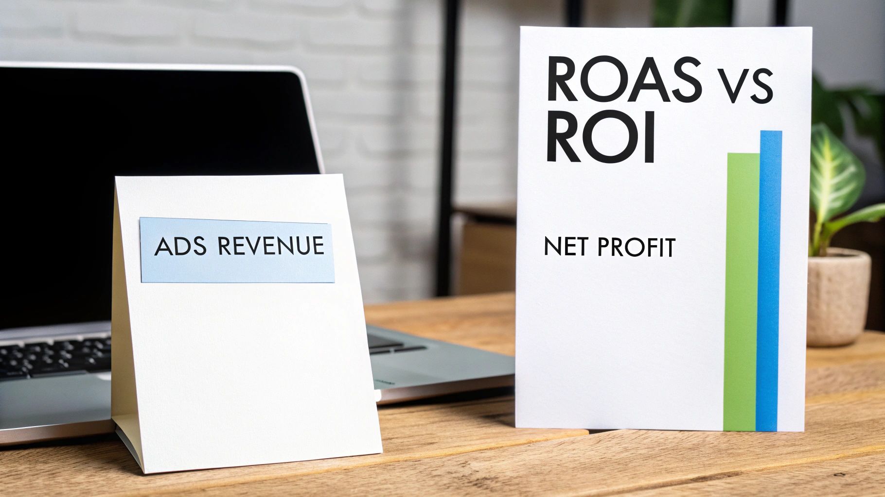 Two cards on a desk comparing ROAS vs ROI metrics, displaying Ads Revenue and Net Profit.