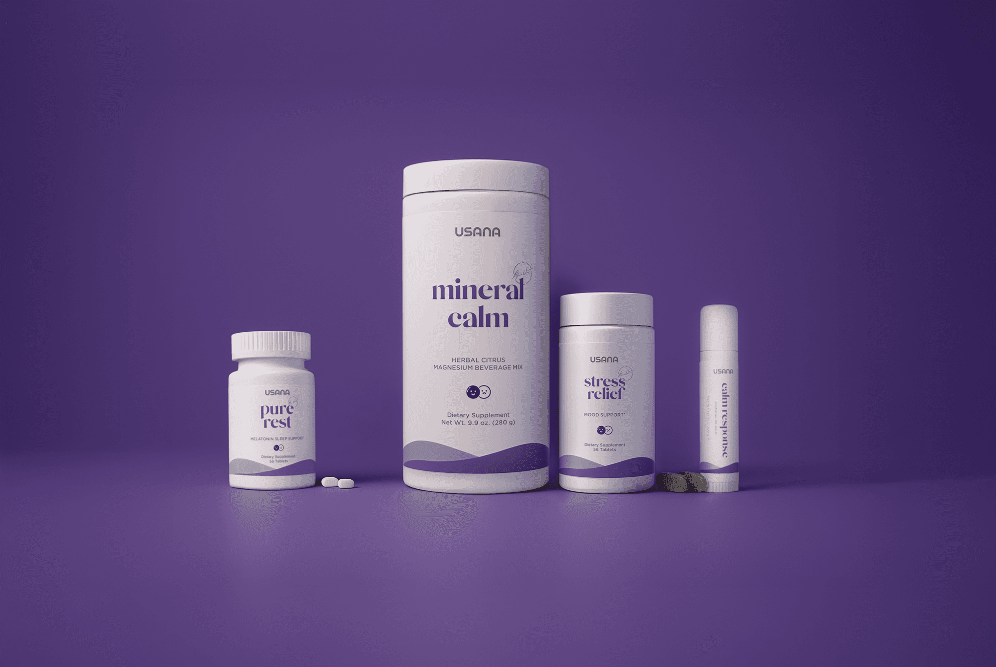 The product lineup at launch: Pure Rest, Mineral Calm, Calm Response and Stress Relief.