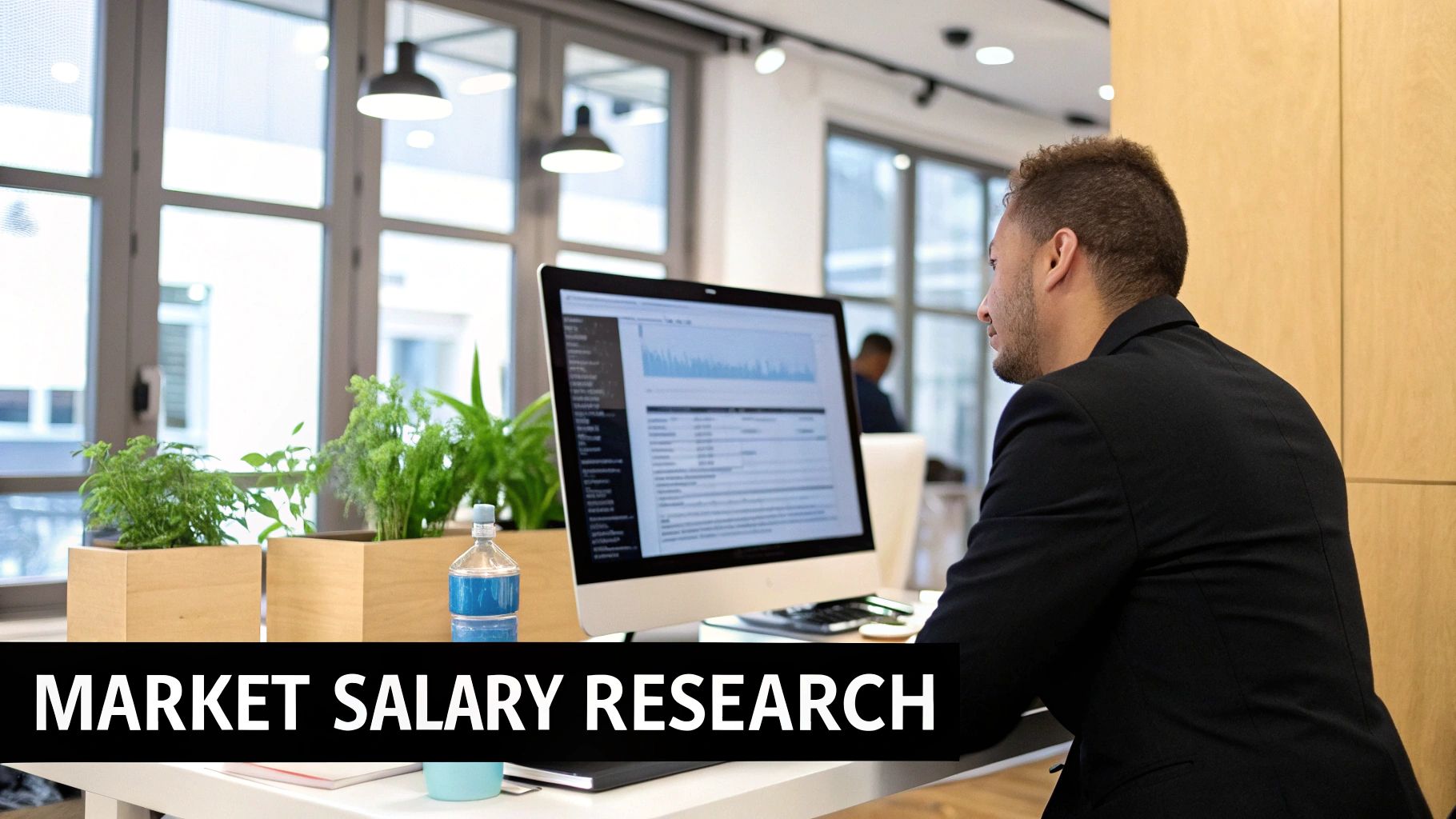 A professional analyzing graphs and data on multiple screens, symbolizing market salary research.