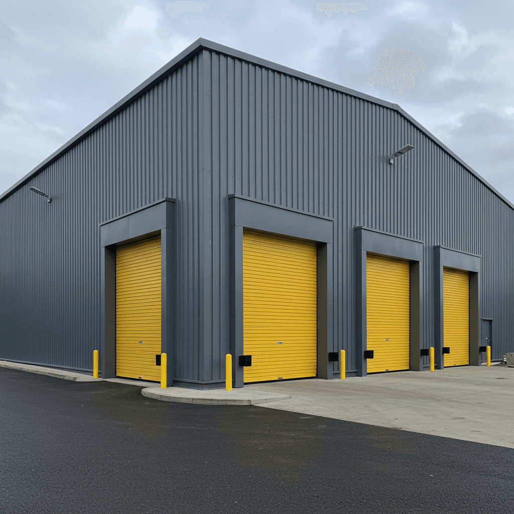 A big Industrial Site with fresh grey paint and yellow doors
