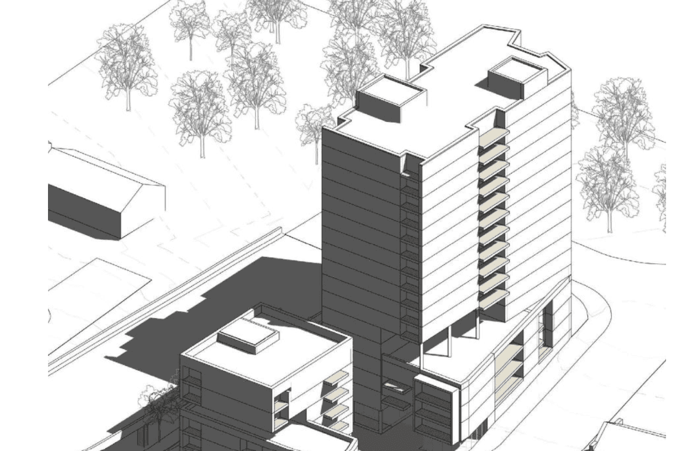 Modern, minimalist house at dusk, with warm lighting. Large windows with sheer curtains overlook a tranquil pool, surrounded by rocks and a tree.