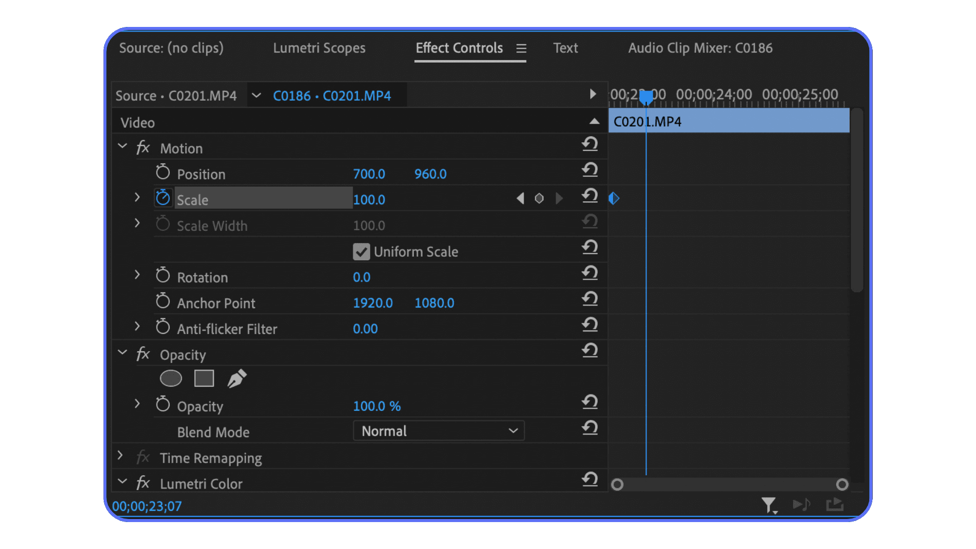 Motion and opacity settings in Adobe Premiere Pro Effect Controls panel for a video clip