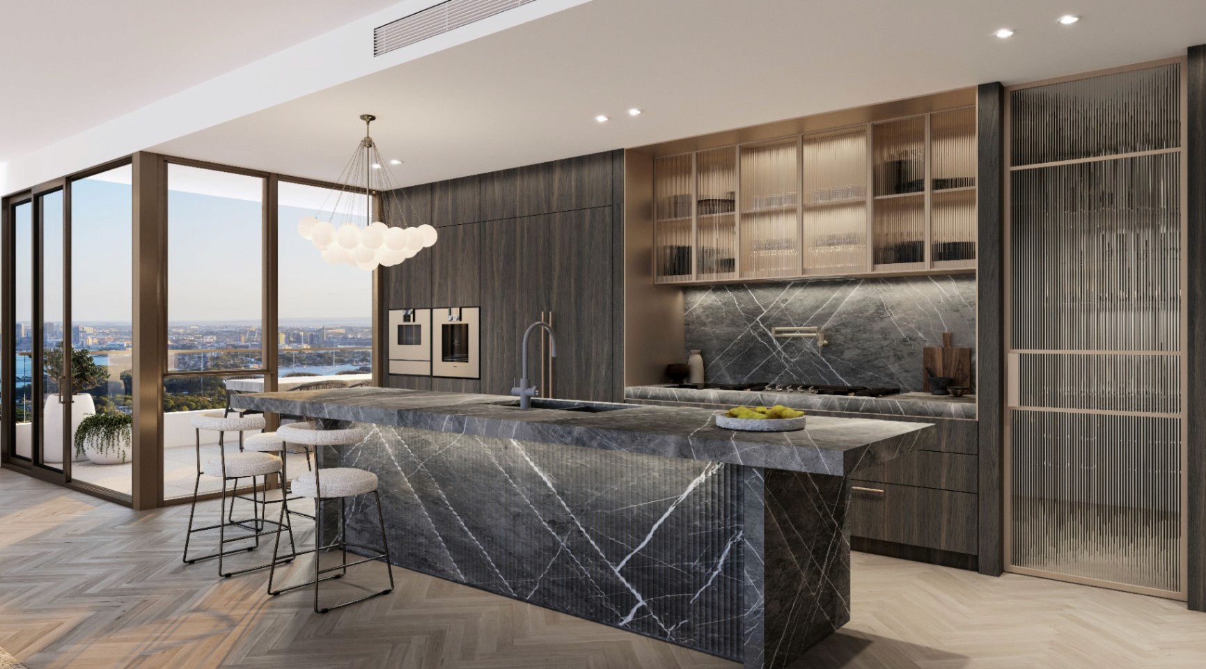 Designer kitchen with marble island and premium finishes in The Landmark Quarter St Leonards apartment, off the plan Sydney apartment with $10K Coposit