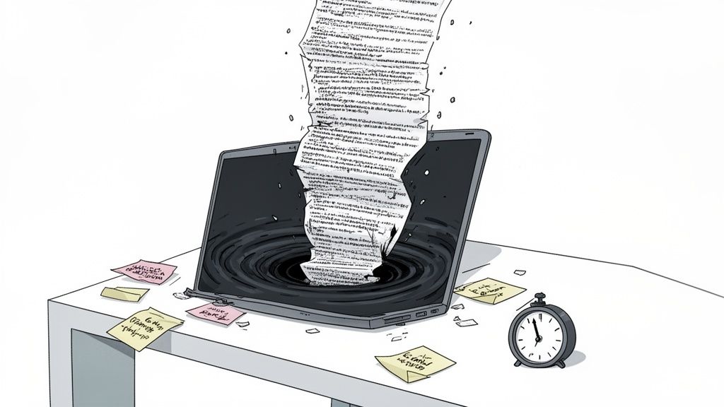 A laptop screen shows a black vortex releasing a long paper document, surrounded by notes and a clock.