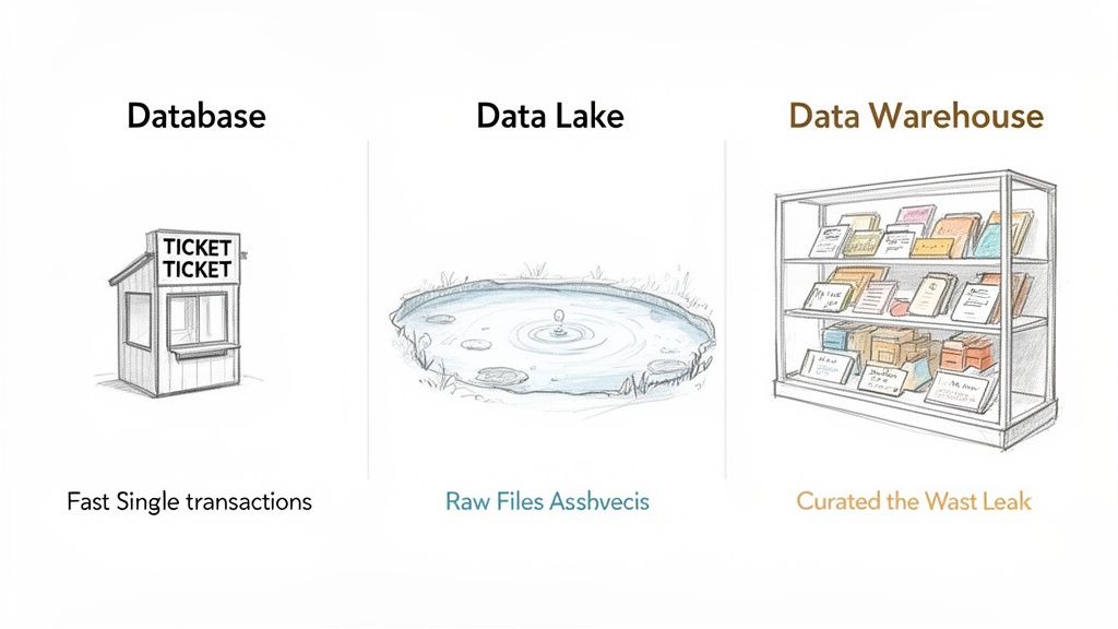 Illustration comparing Database (ticket booth), Data Lake (pond), and Data Warehouse (display case) concepts.