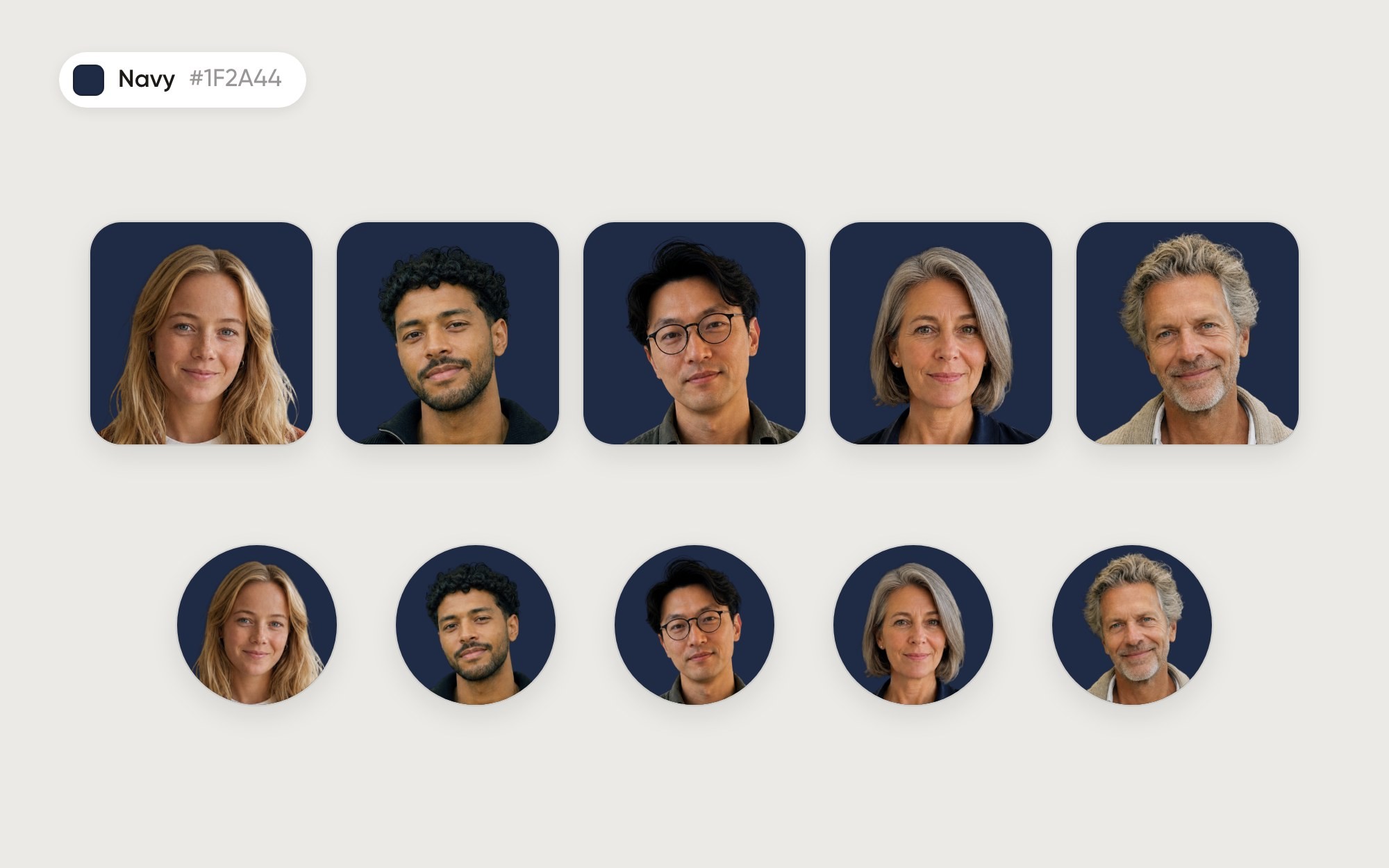 Five fictional team members on a navy background, as squares and as circles
