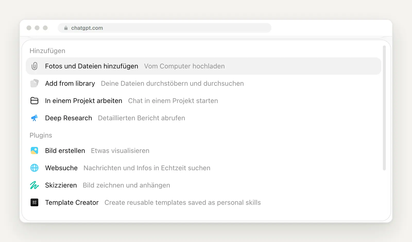 Plus-Menü im ChatGPT-Eingabefeld mit Dateien, Bibliothek, Projekt und Deep Research