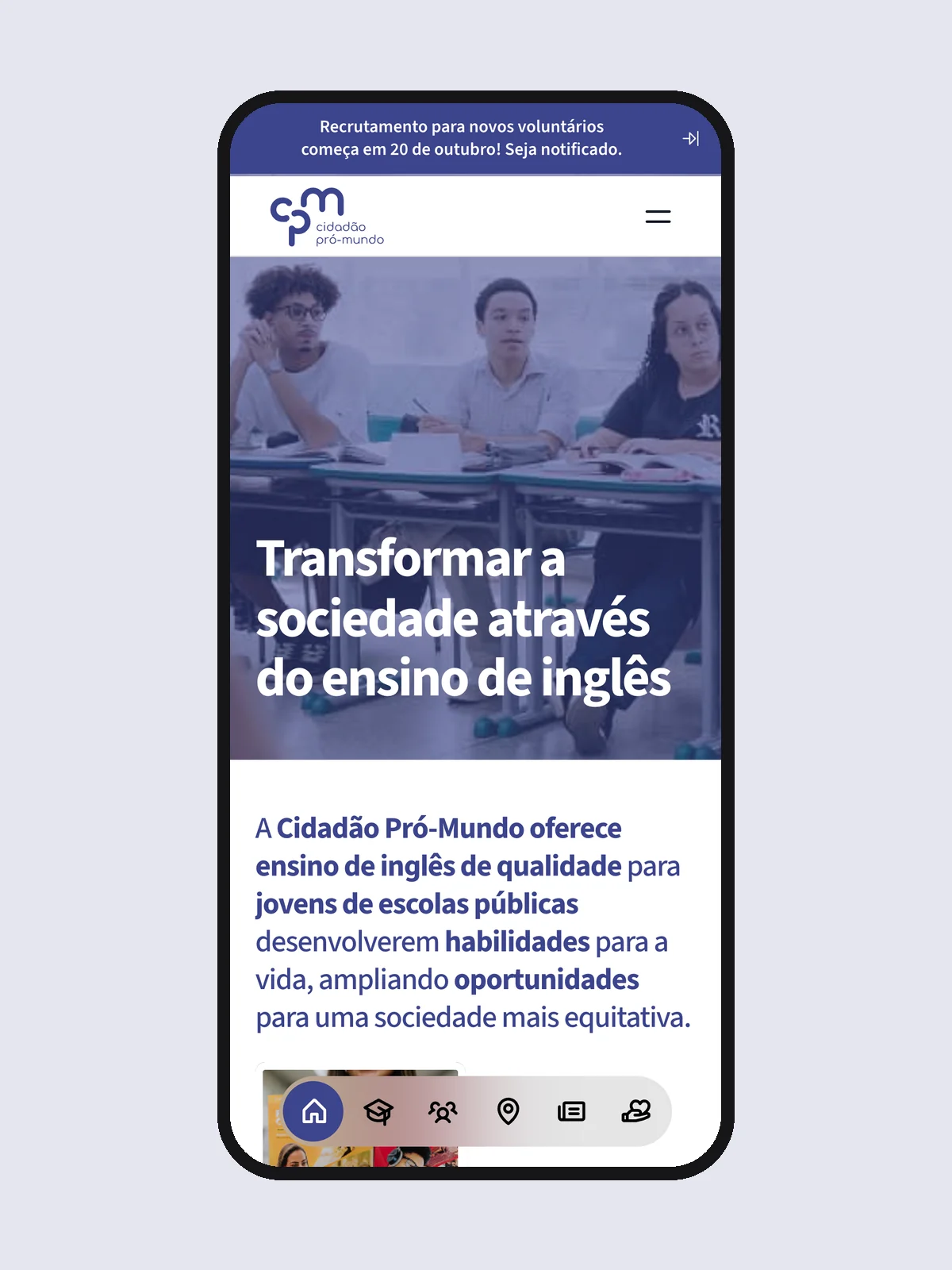 Página inicial do site do Cidadão Pró-Mundo no celular
