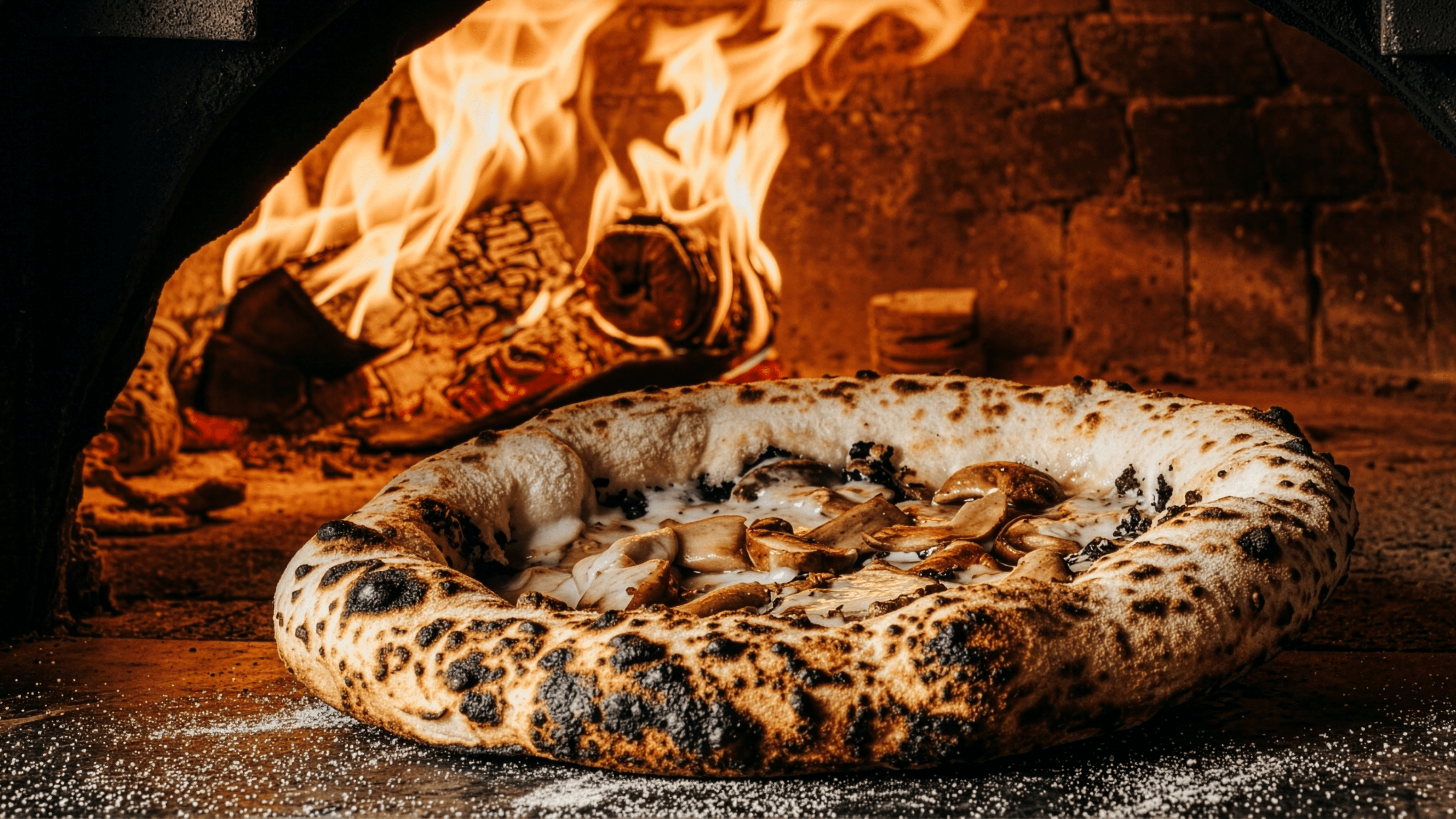 Wood-fired pizza cooking inside a pizza oven