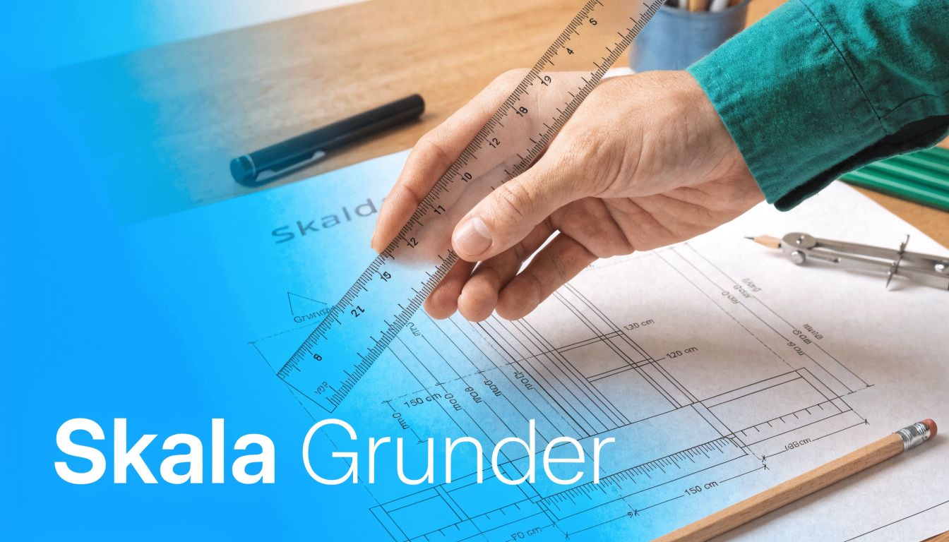 En person som använder en linjal för att mäta och rita arkitektoniska ritningar på ett skrivbord.