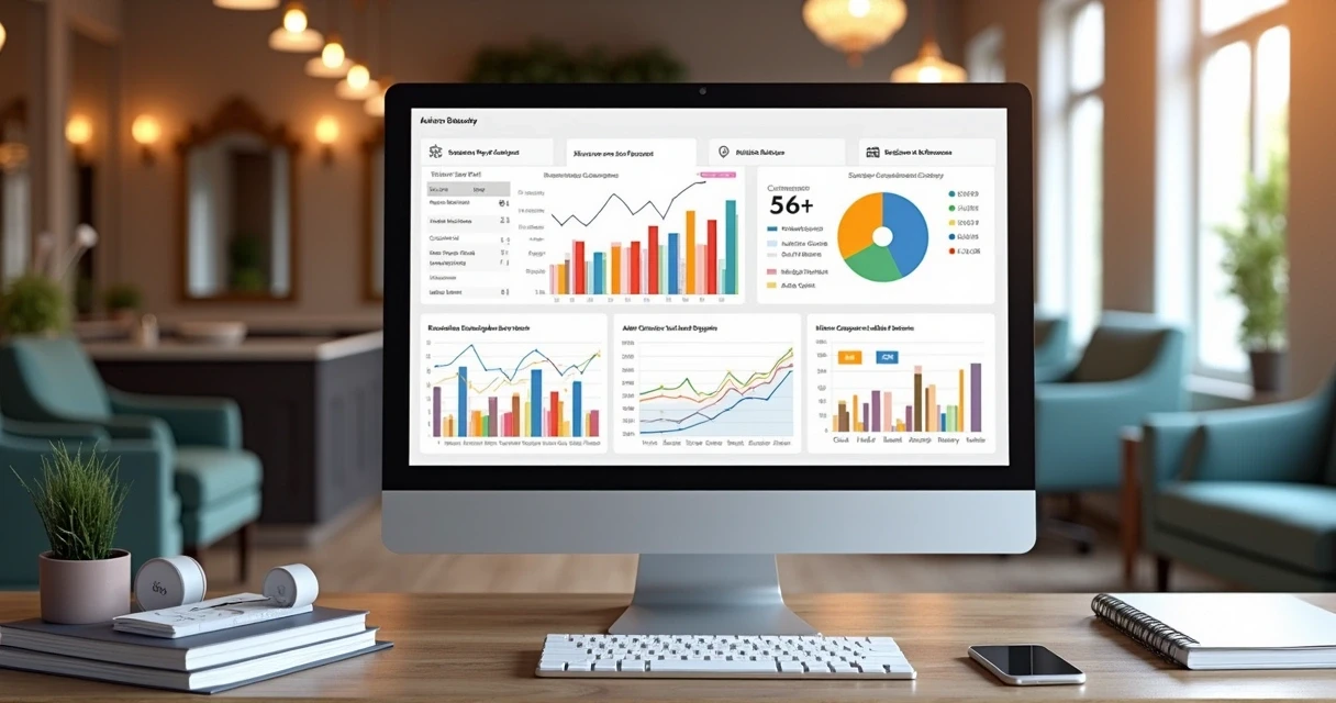 Painel financeiro com indicadores e gráficos coloridos em salão de beleza.