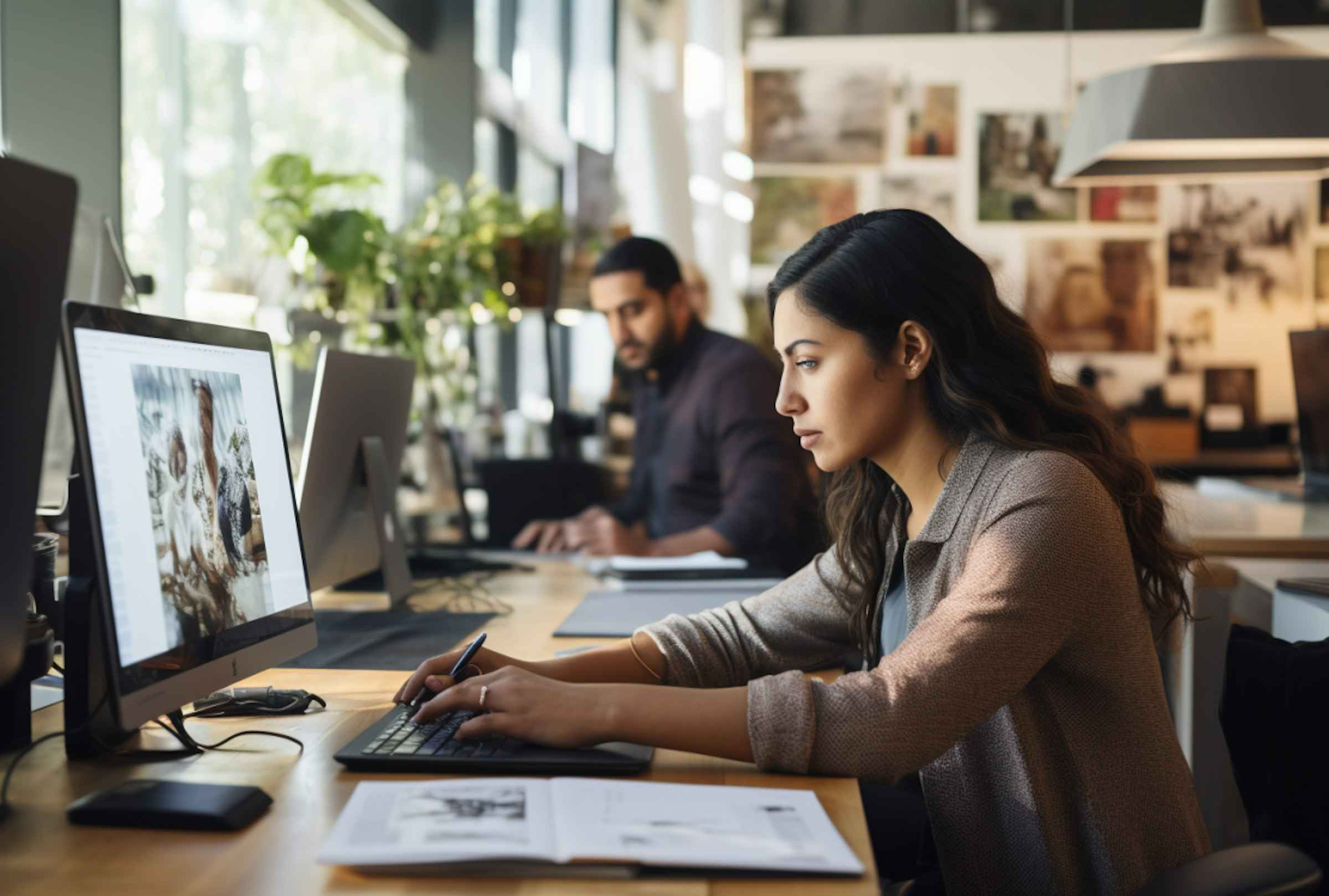 A woman working on a computer in a office