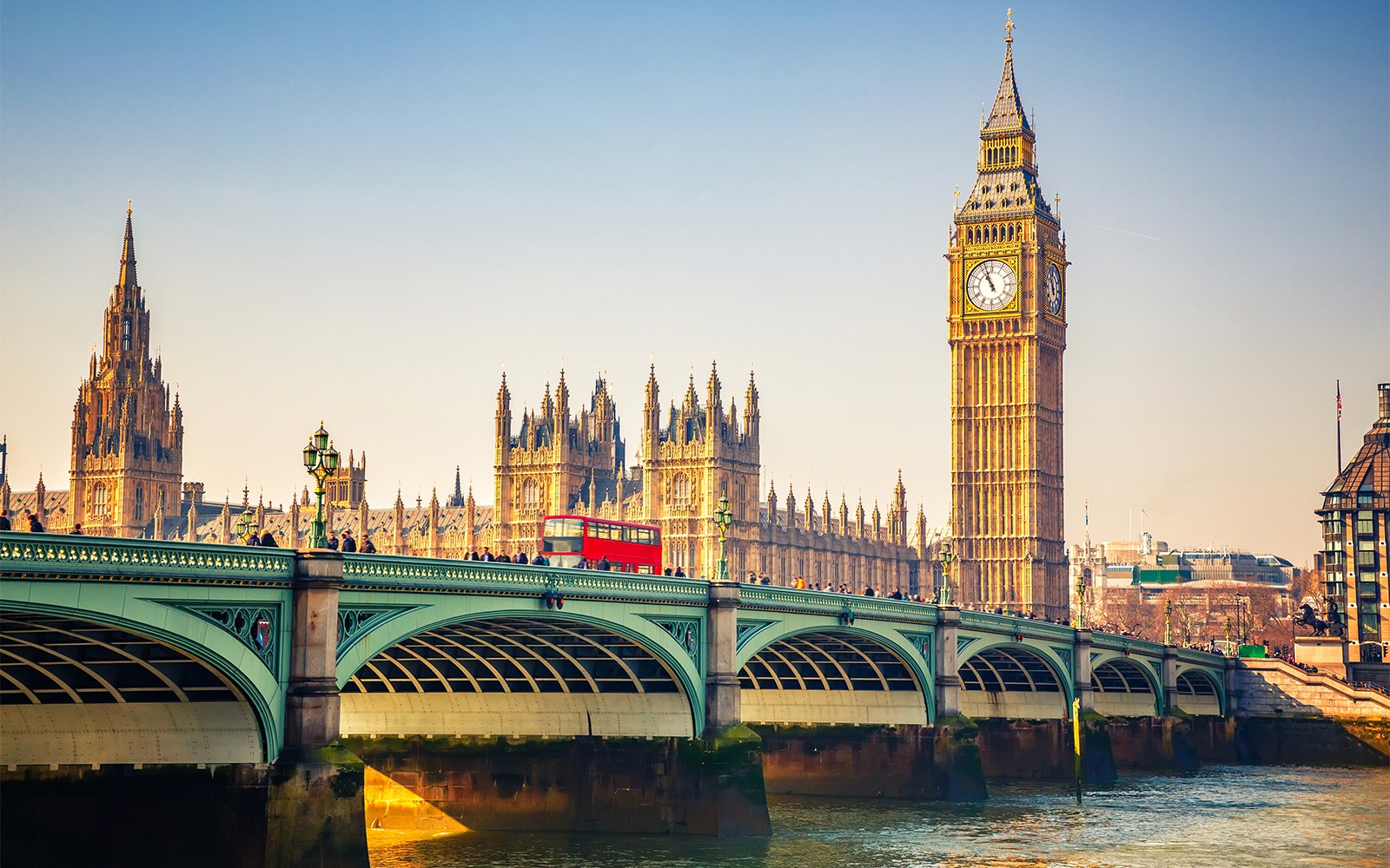 Westminster Bridge with Big Ben and Houses of Parliament in London.