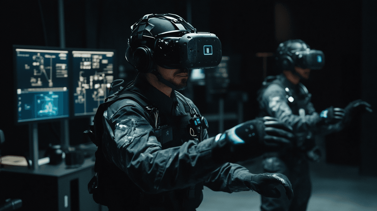 Public safety and industrial teams training with The Oasis VR platform using haptic suits and treadmills in a dark immersive environment.
