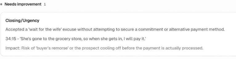 Kendo's Feedback tab after a call: a needs-improvement item names the skill, quotes the exact moment with a timestamp and states the impact.