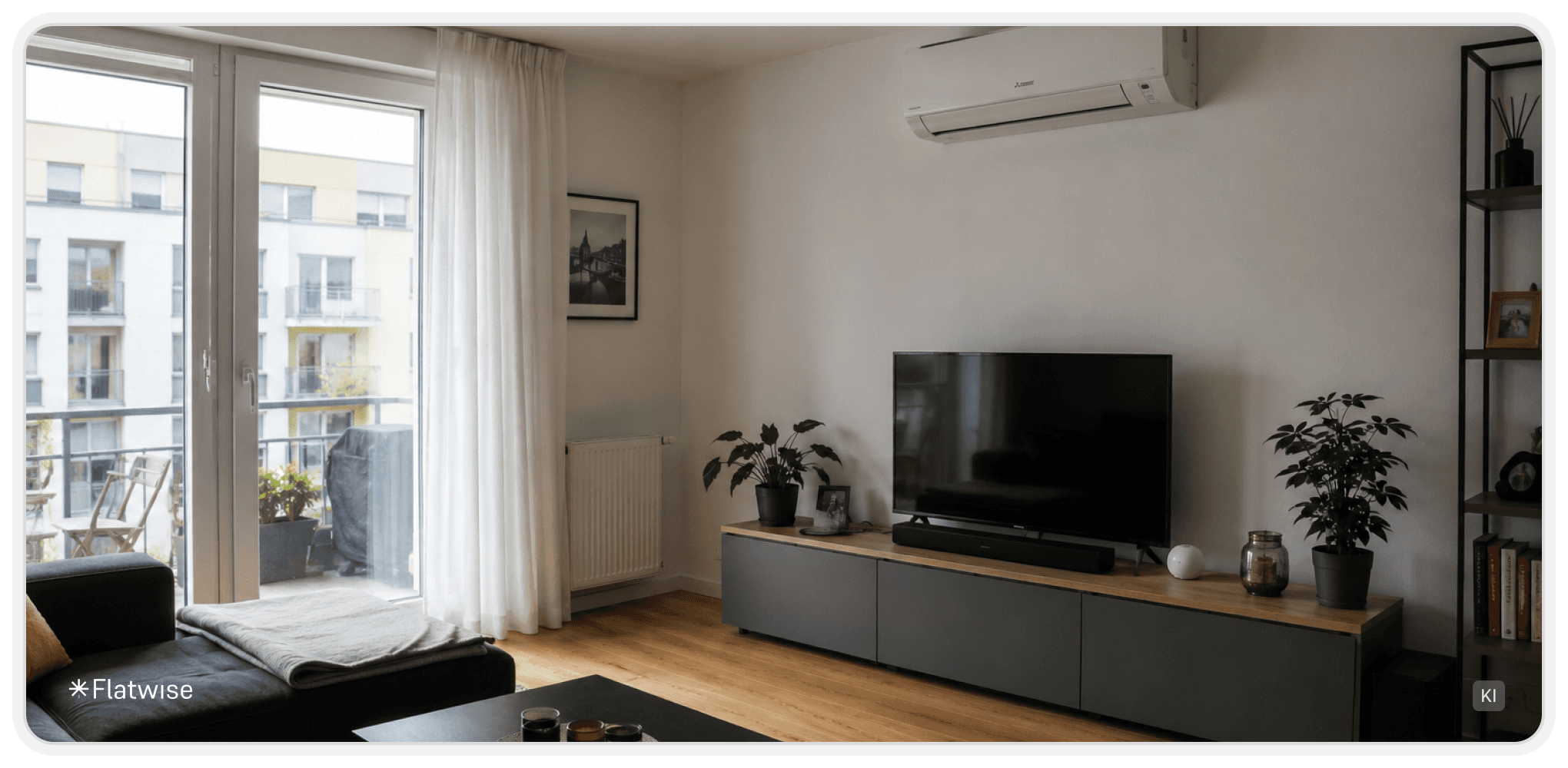 Moderne Split-Klimaanlage an der Wand eines Wohnzimmers in einer österreichischen Wohnung. Das Bild zeigt eine fest installierte Klimaanlage zur Kühlung von Innenräumen. KI-generiertes Bild