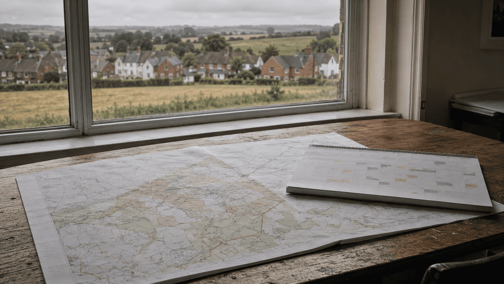 A local-plan map and working calendar on an oak table overlooking an English settlement edge