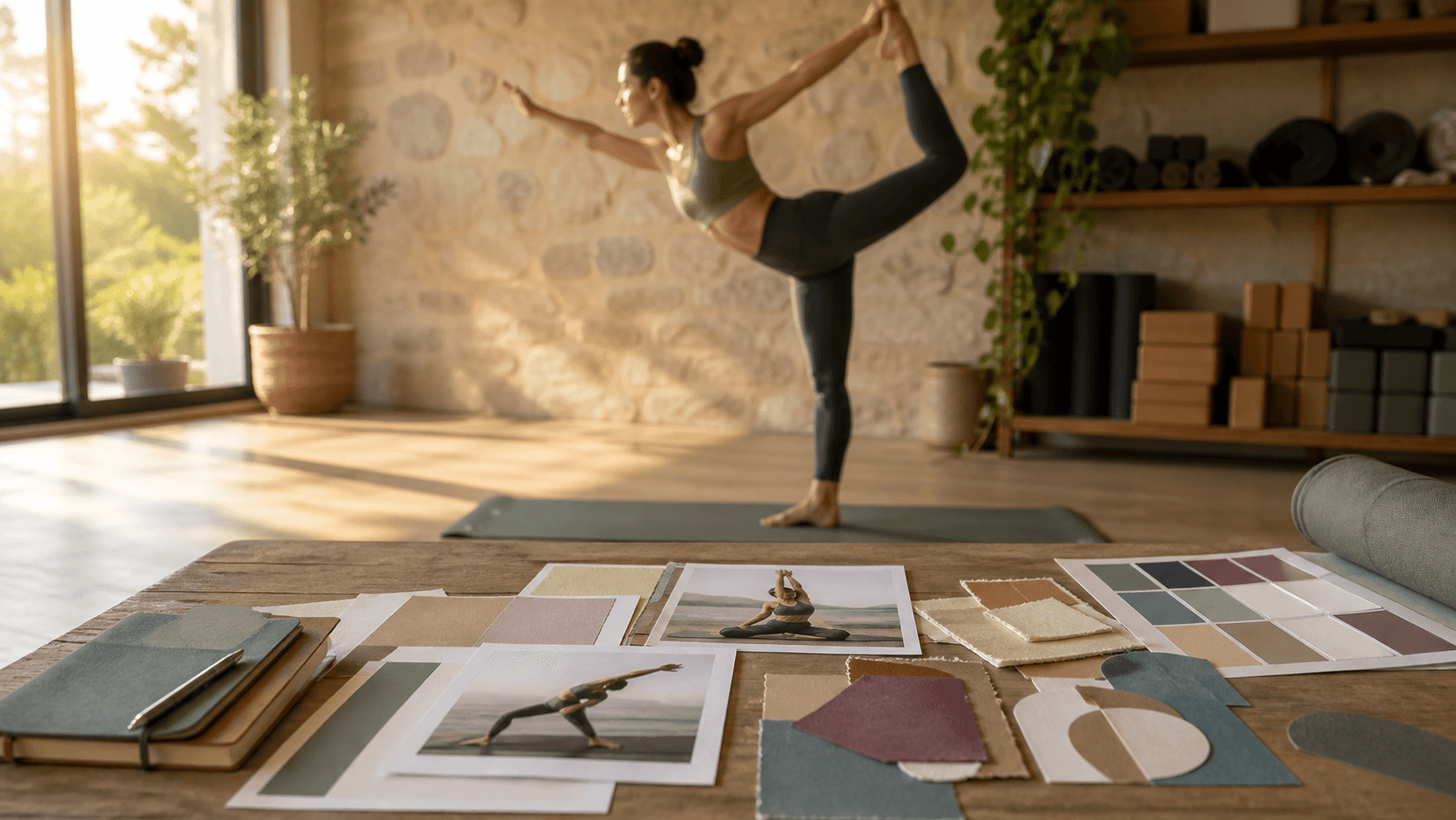 Professeure de yoga en posture, charte graphique imprimée posée près des échantillons.