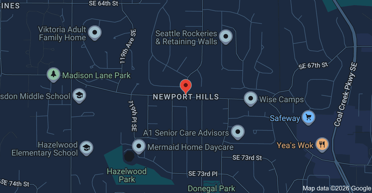 Map showing the Newport Hills neighborhood in Bellevue WA near I-405 and Coal Creek Parkway.
