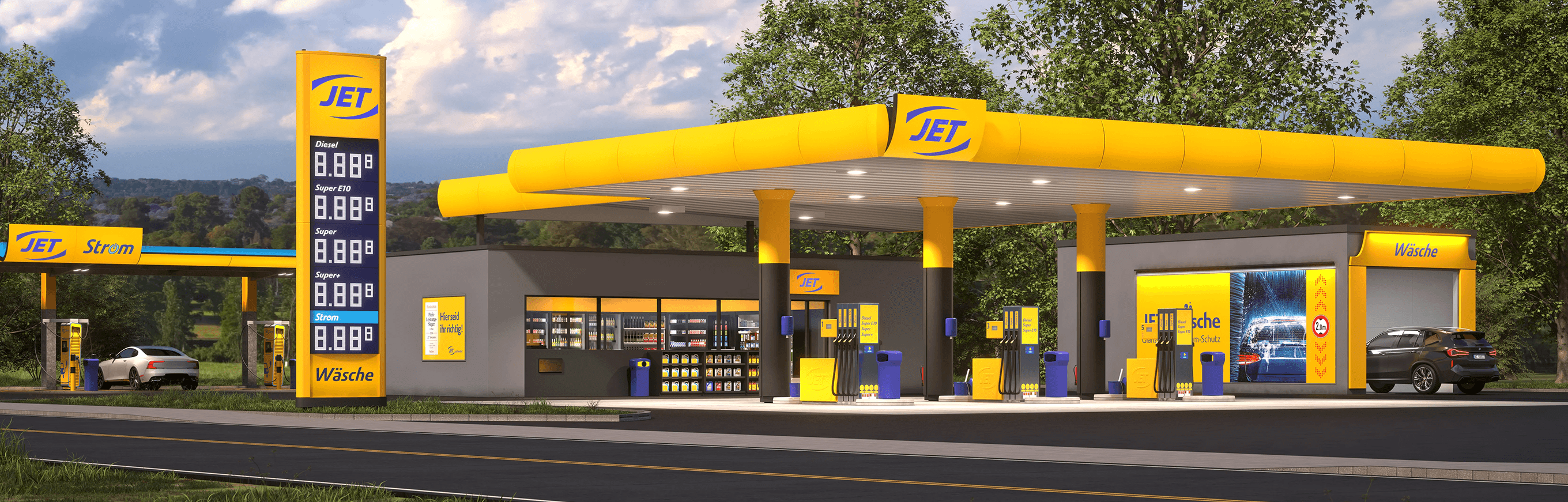 Rendering des tegut… teo in leichter Perspektive – Visualisierung des modularen Nachbarschaftsmarkts von Design for Human Nature.