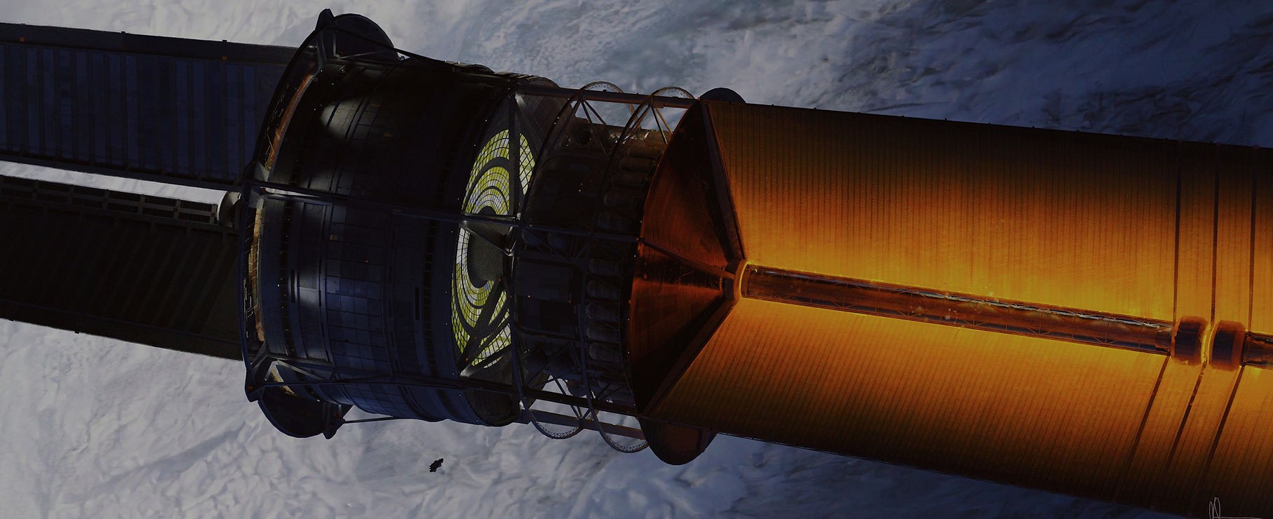 A spacecraft showcasing a large circular module and solar panels. The view highlights the contrast between the satellite's metallic surface and the planet's white clouds.