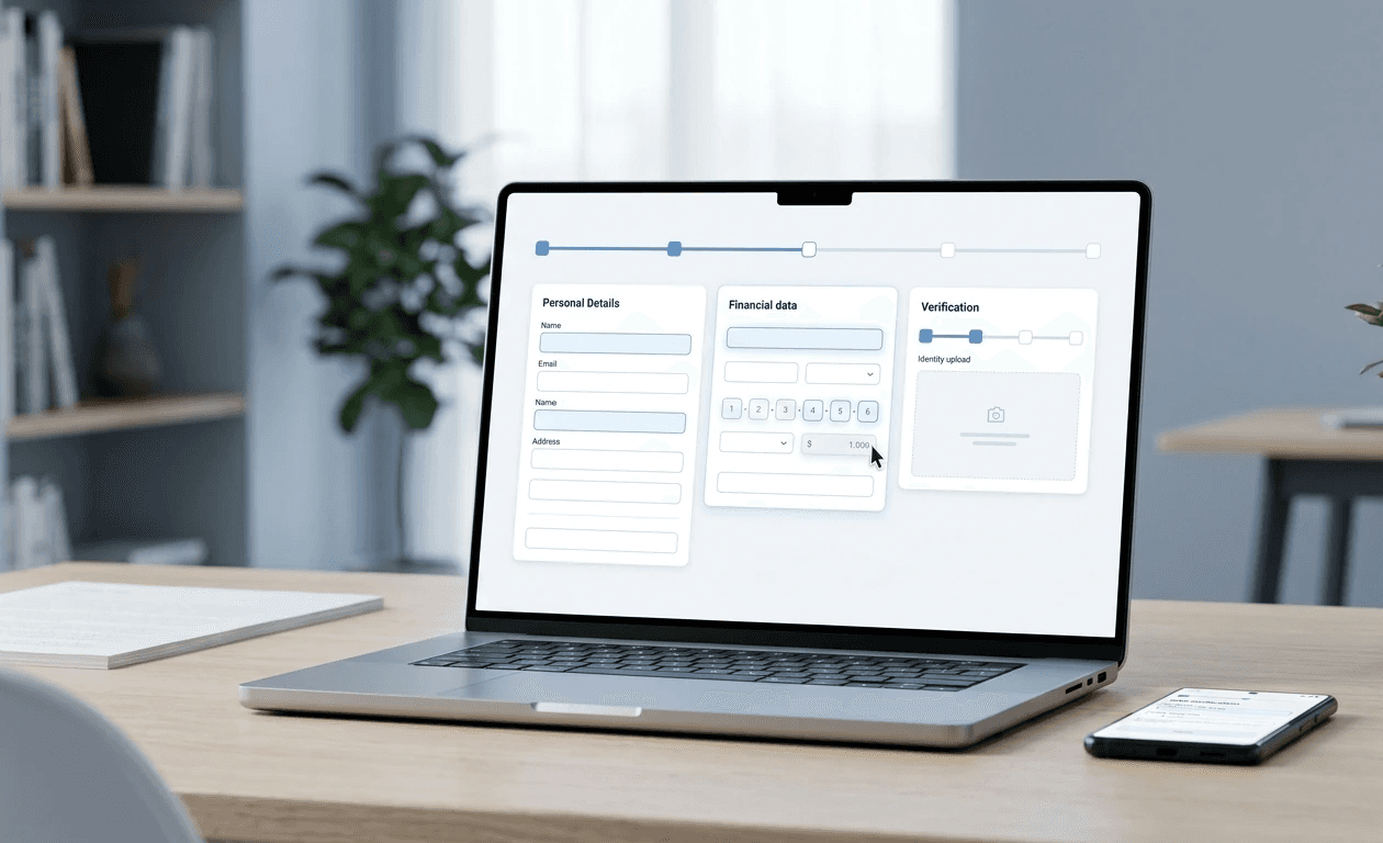 A realistic digital banking onboarding experience displayed on a modern laptop and smartphone, clean and minimal fintech interface, multi-step form with sections like personal details, financial information, and verification, subtle UX friction indicated through gentle visual cues (slight pauses, cursor hovering, soft glow highlights on complex fields), calm and professional environment, neutral color palette with blue and white tones, soft natural lighting, high-end product photography style, shallow depth of field, ultra-clean composition, no text, no labels, no icons with words, no watermarks, realistic UI design, corporate case study aesthetic, 16:9 aspect ratio