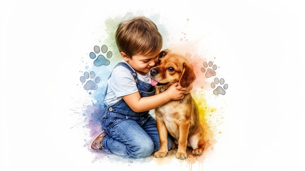 Watercolor painting of a loving child embracing a brown dog surrounded by colorful splashes and paw prints.