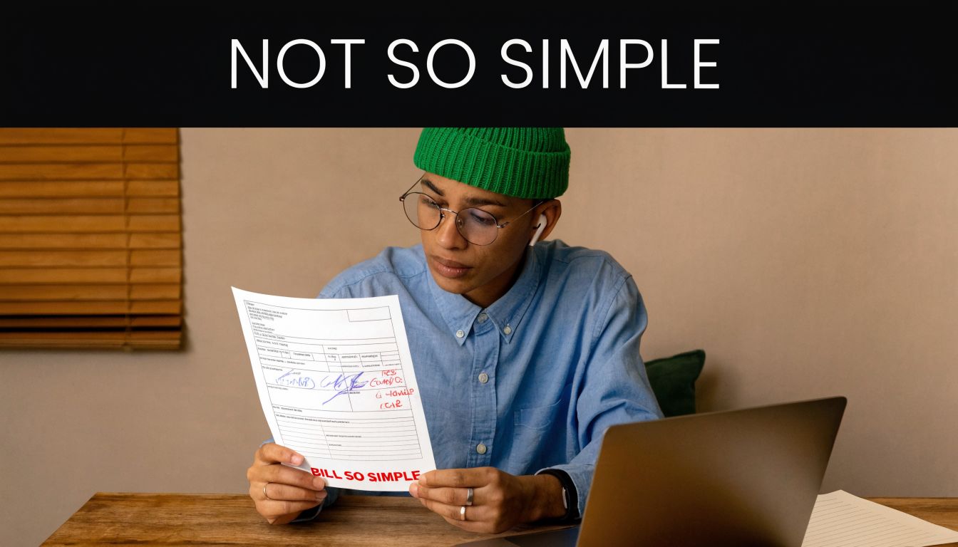 A person wearing glasses and a green beanie reviews a document while working at a wooden desk.