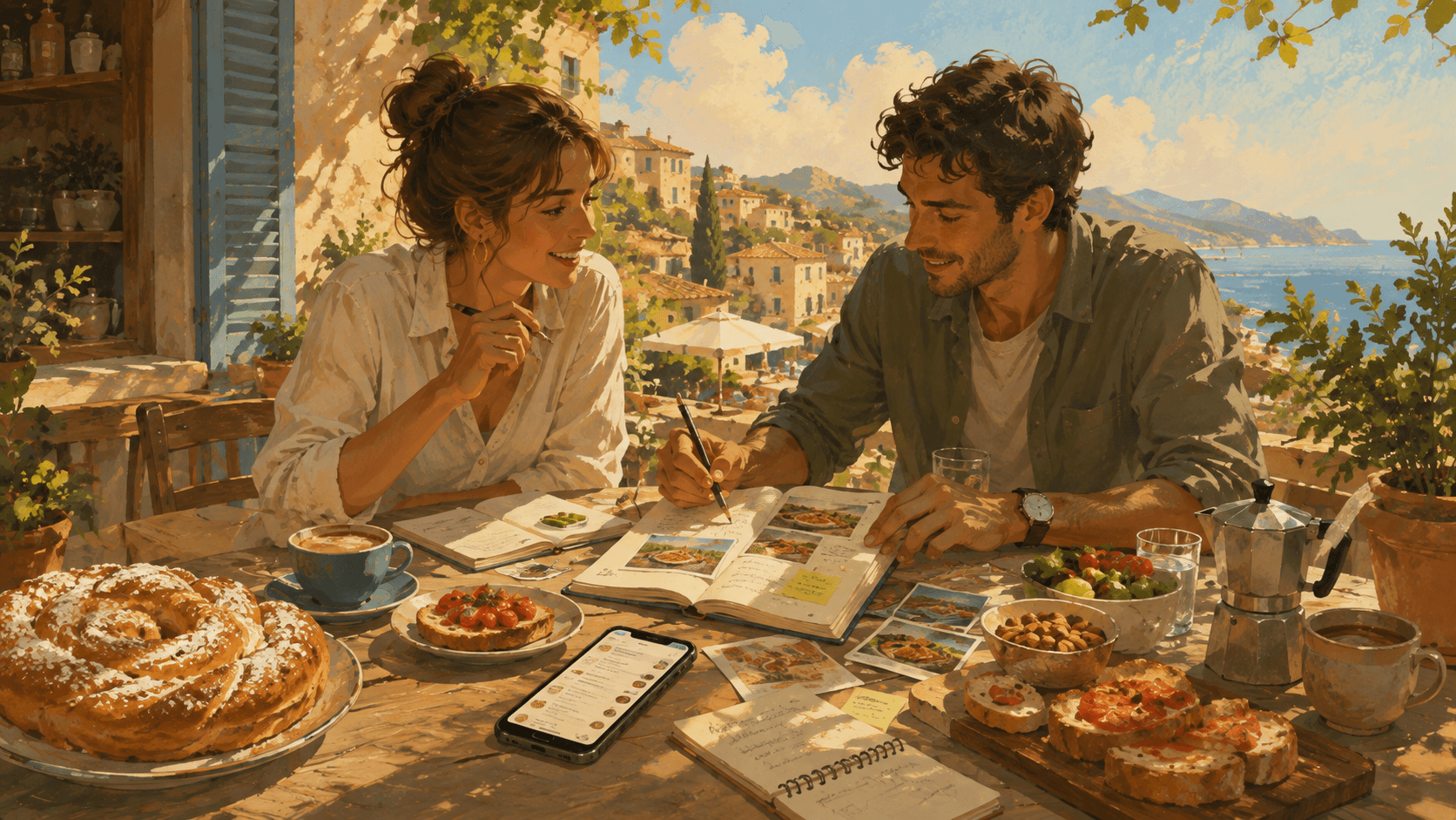 Personas preparando una publicación gastronómica con notas, fotografías y comida mallorquina sobre la mesa