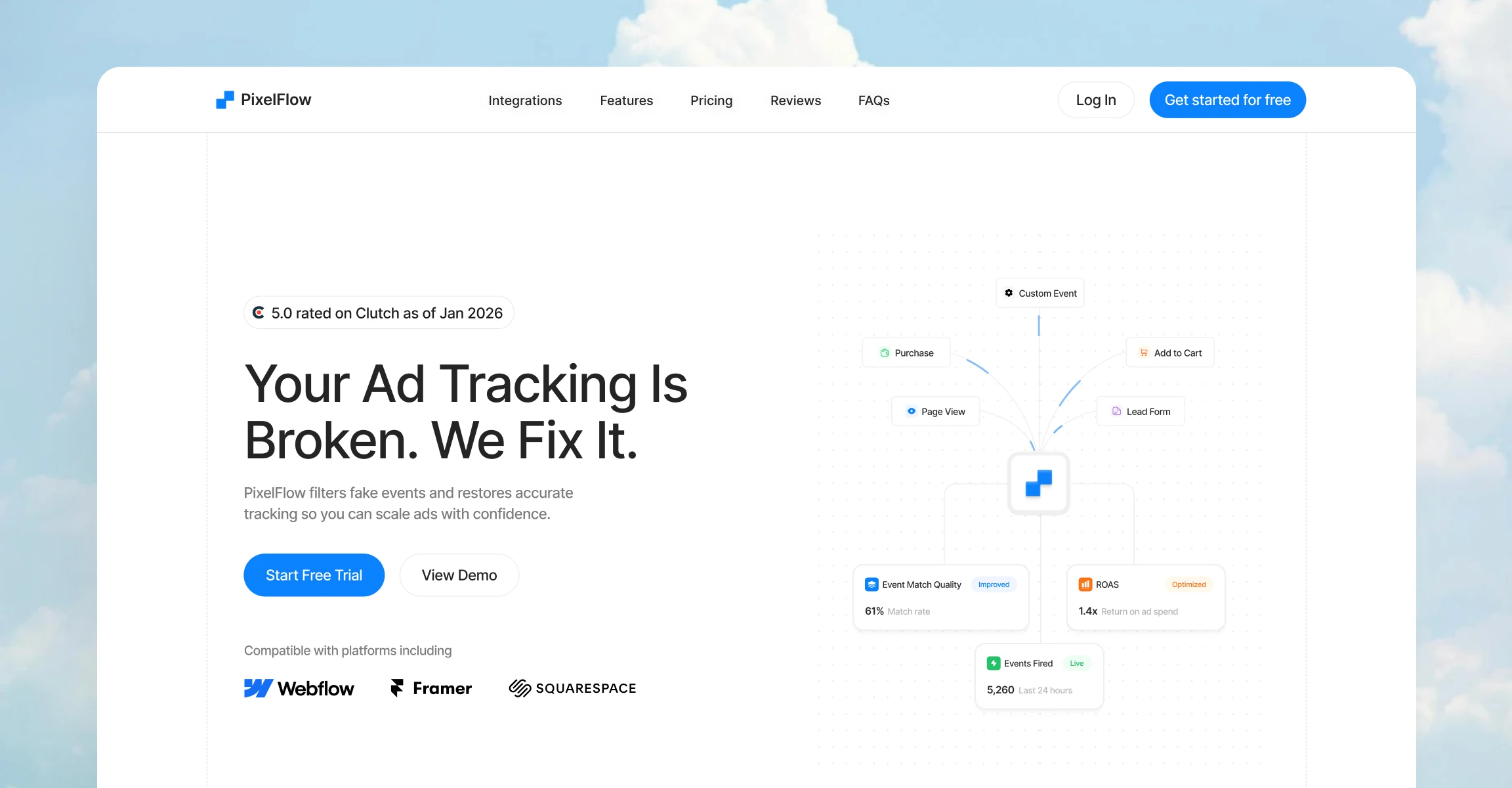 PixelFlow server-side tracking dashboard showing conversion data flow and event tracking interface designed for improved ad performance and attribution clarity