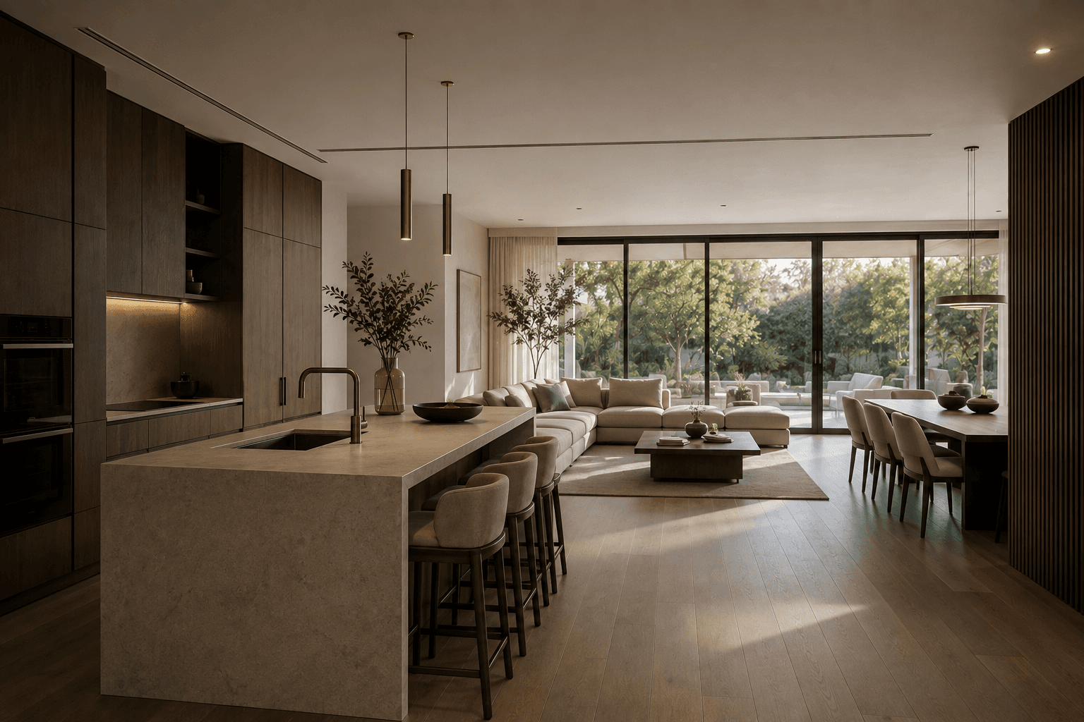 Cozinha e sala contemporâneas em tons quentes